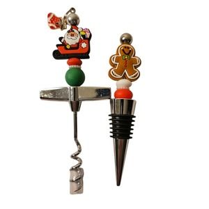 Novelty Christmas Wine Cork & Opener Set‎ Santa Gingerbread Holiday Barware